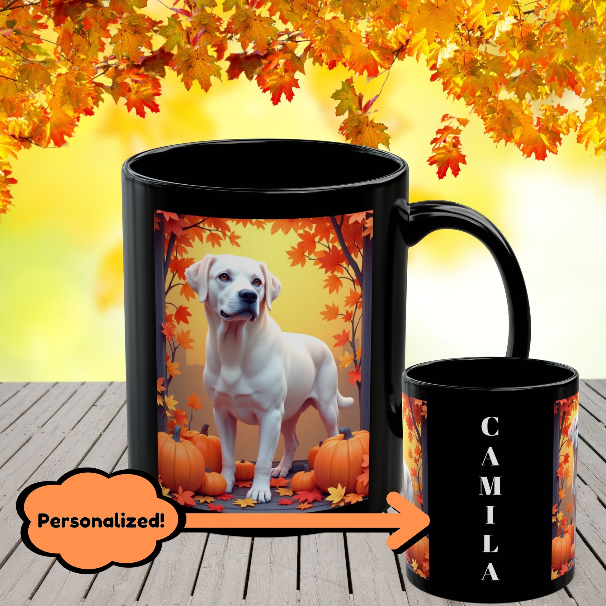 White Labrador autumn mug, personalized coffee cup, custom dog lover fall drinkware - MySisterIsASurvivor