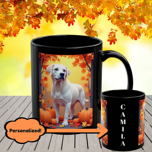 White Labrador autumn mug, personalized coffee cup, custom dog lover fall drinkware - MySisterIsASurvivor