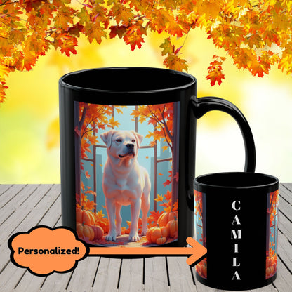 White Rottweiler personalized fall mug, coffee cup for dog lovers, cozy autumn drinkware, custom Rottweiler gift