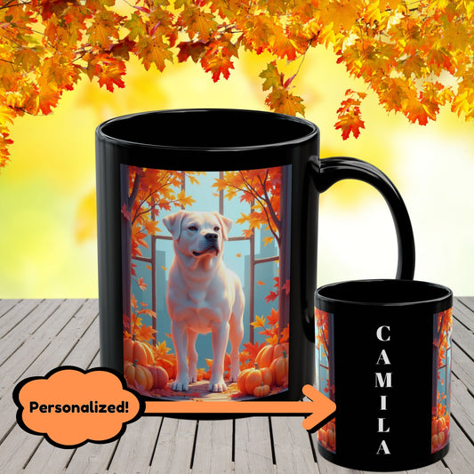 White Rottweiler personalized fall mug, coffee cup for dog lovers, cozy autumn drinkware, custom Rottweiler gift