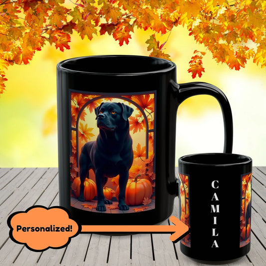 Shop our black rottweiler autumn black mug featuring the 15oz style option from MySisterIsASurvivor.