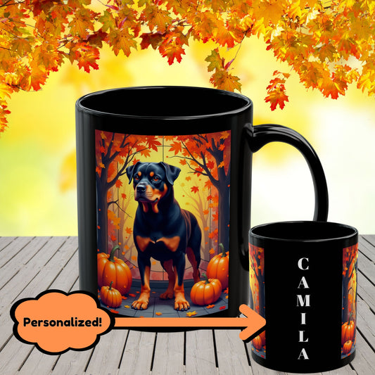 Black and Tan Rottweiler personalized mug, fall-themed coffee cup for dog lovers, cozy autumn drinkware gift