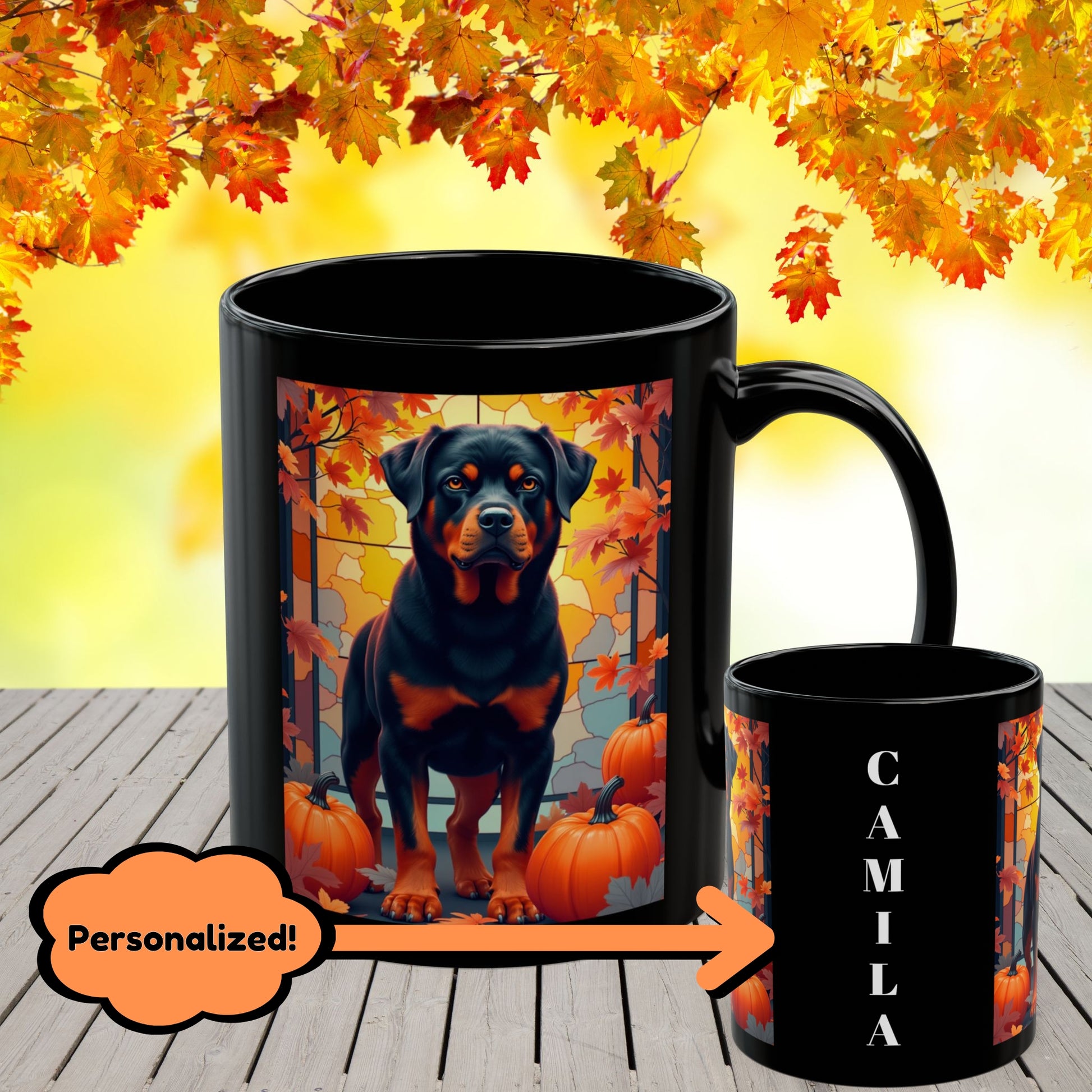 Black and Rust Rottweiler personalized mug with autumn leaves, custom coffee cup for dog lovers and cozy fall gift