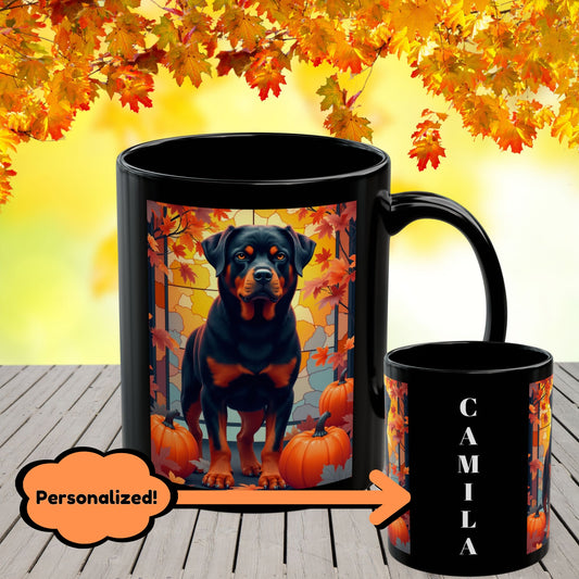 Black and Rust Rottweiler personalized mug with autumn leaves, custom coffee cup for dog lovers and cozy fall gift