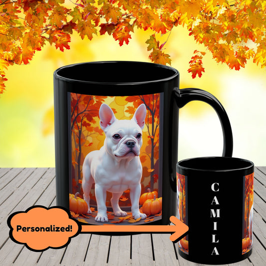White French Bulldog Autumn Black Mug - Cozy fall dog breed coffee cup gift