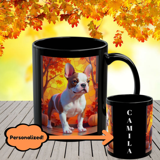 French Bulldog Red Pied - Autumn black mug, seasonal Frenchie lover gift for dog moms and dads