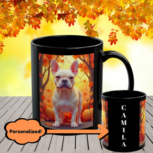 Cream French Bulldog Autumn Black Mug - Cozy fall Frenchie dog breed coffee mug