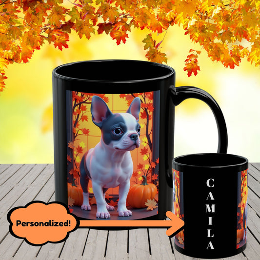 Blue Pied French Bulldog Autumn Black Mug - Seasonal dog lover gift coffee cup