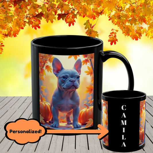 Blue French Bulldog Autumn Black Mug - Cute fall coffee mug for Frenchie dog owners