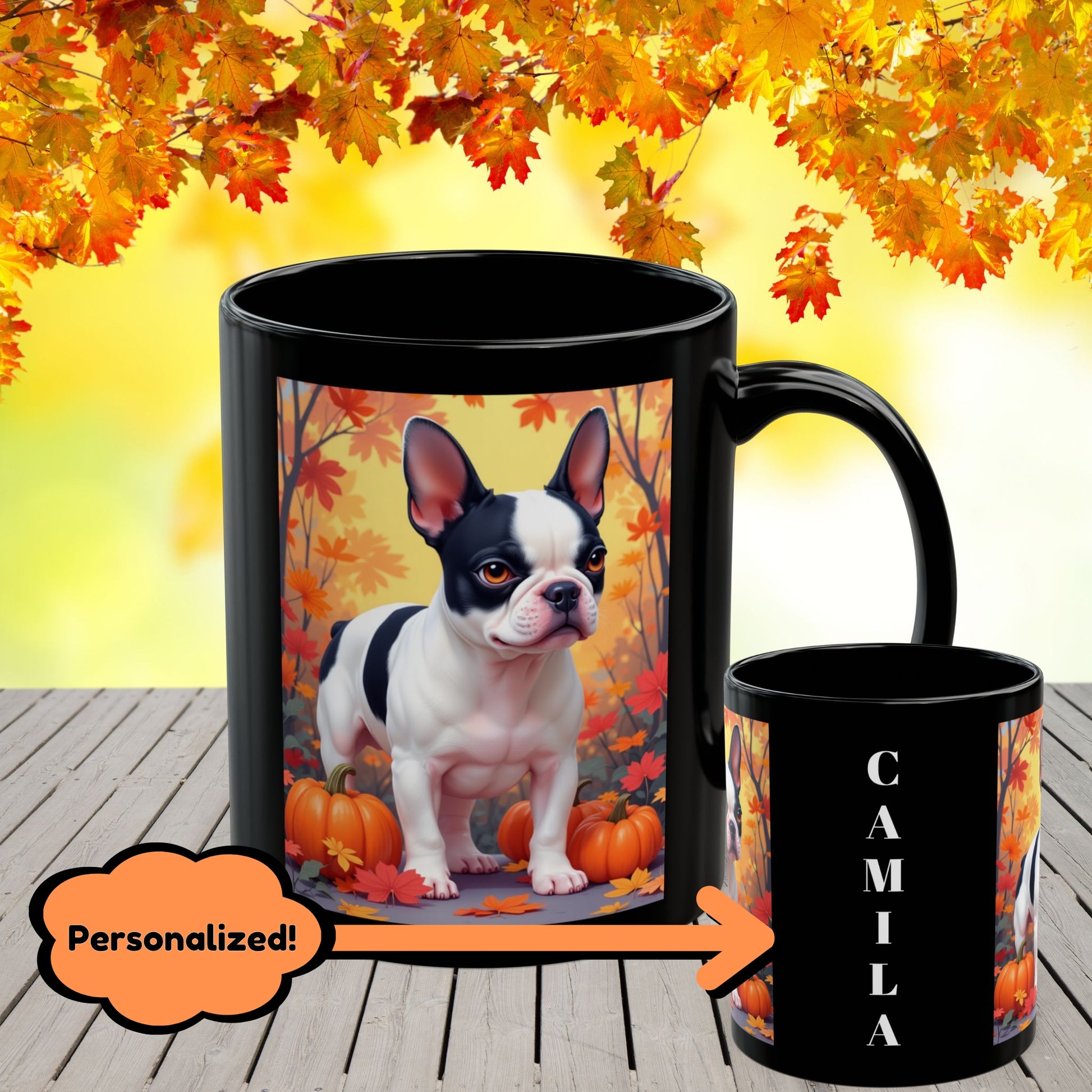 French Bulldog Black Pied - Autumn coffee mug, cozy seasonal dog lover gift for Frenchie parents