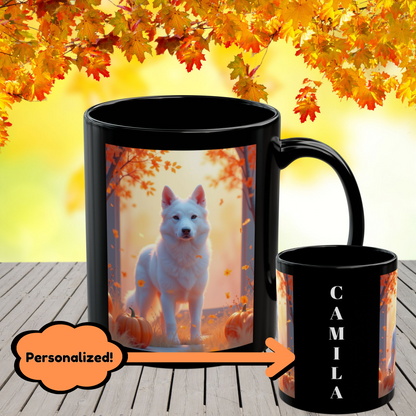 White German Shepherd autumn custom coffee mug, personalized fall dog lover gift cup, cozy seasonal drinkware for home