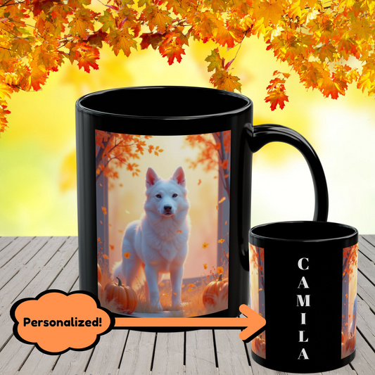 White German Shepherd autumn custom coffee mug, personalized fall dog lover gift cup, cozy seasonal drinkware for home