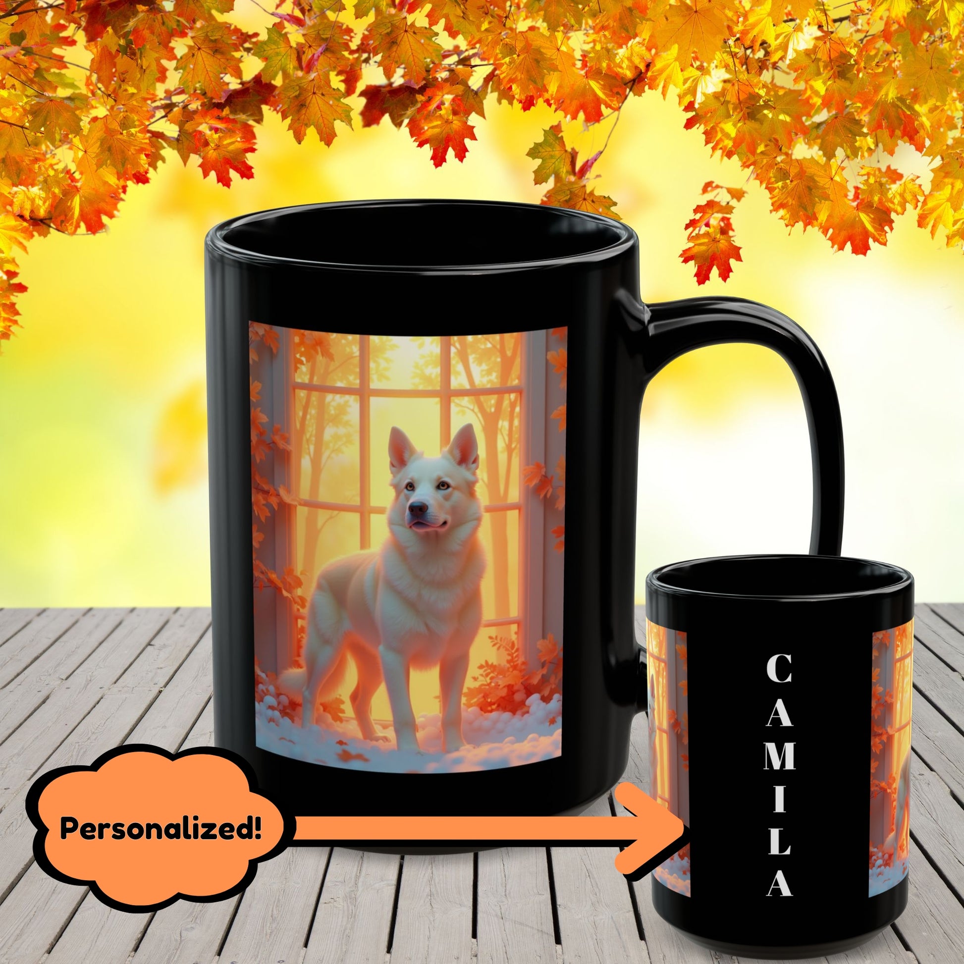 Cream German Shepherd autumn custom coffee mug, personalized fall dog lover gift cup, perfect for seasonal home decor