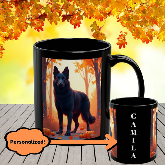 Black German Shepherd autumn personalized mug, custom dog coffee cup, unique fall gift for dog owners and pet parents