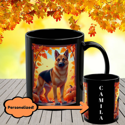Black & Tan German Shepherd autumn custom coffee mug, personalized seasonal dog lover gift for coffee or tea drinking