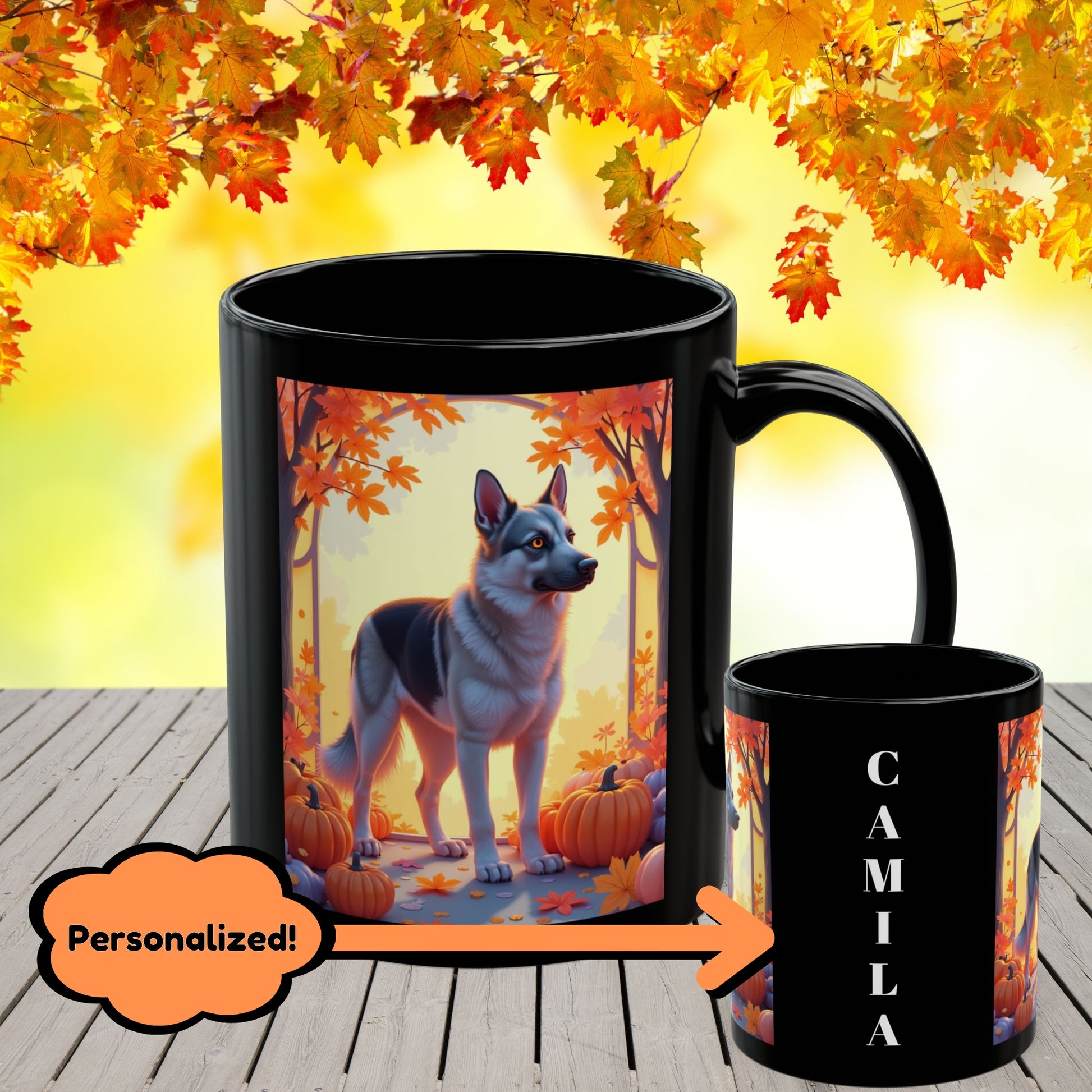 Black & Silver German Shepherd autumn personalized mug, custom dog owner coffee cup, perfect fall gift for pet lovers