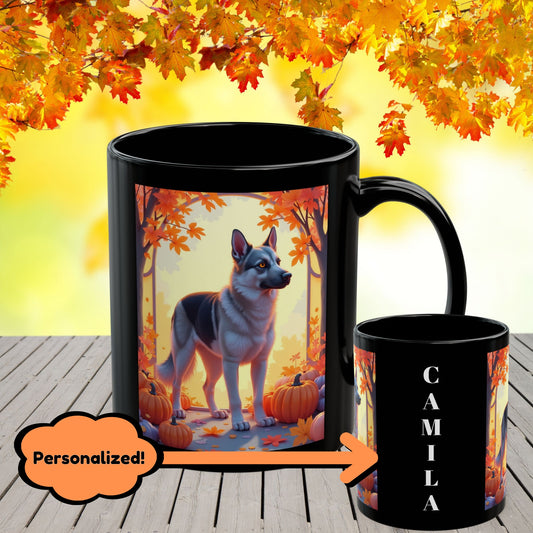 Black & Silver German Shepherd autumn personalized mug, custom dog owner coffee cup, perfect fall gift for pet lovers