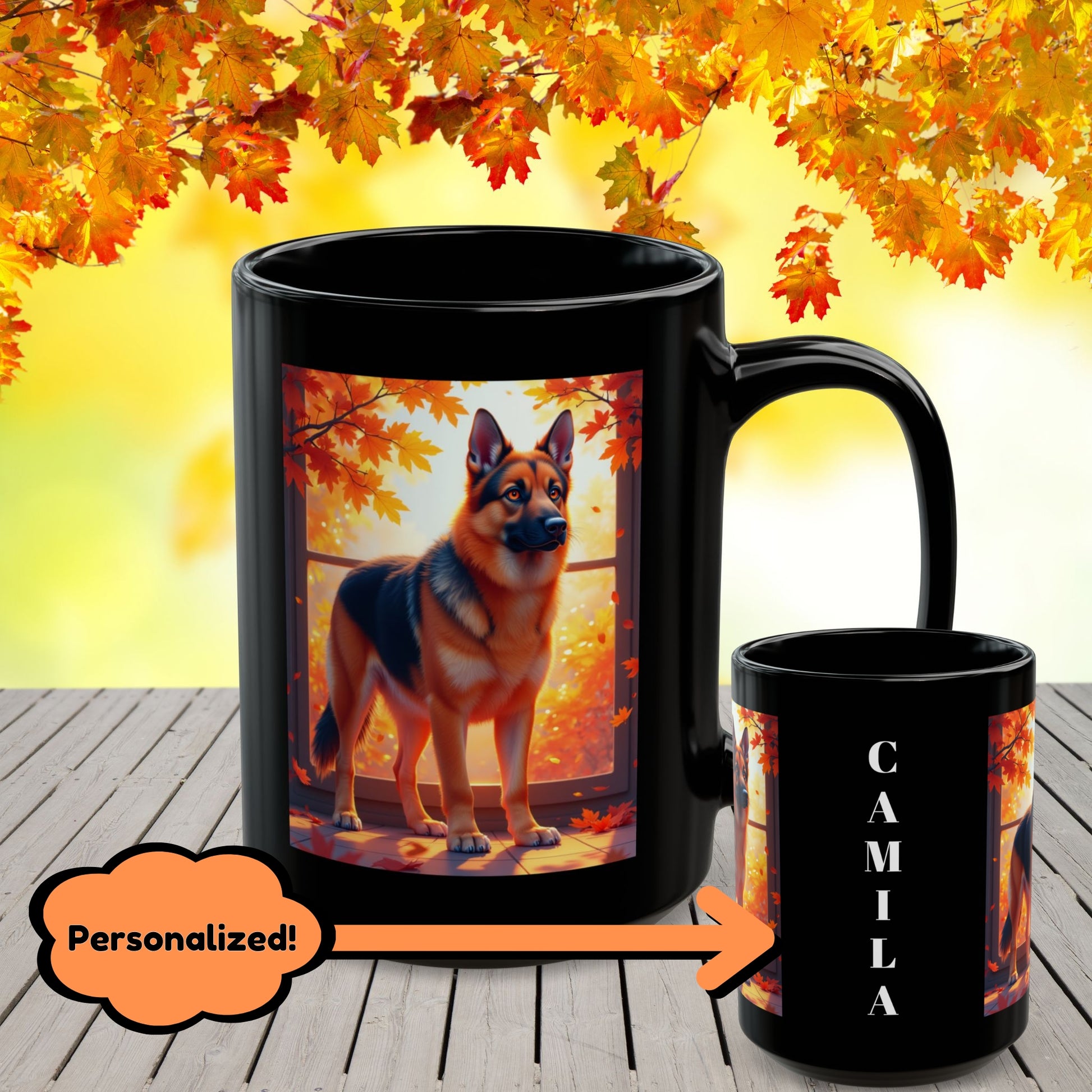 Black & Red German Shepherd autumn custom coffee mug, personalized fall dog lover gift for cozy seasonal coffee moments