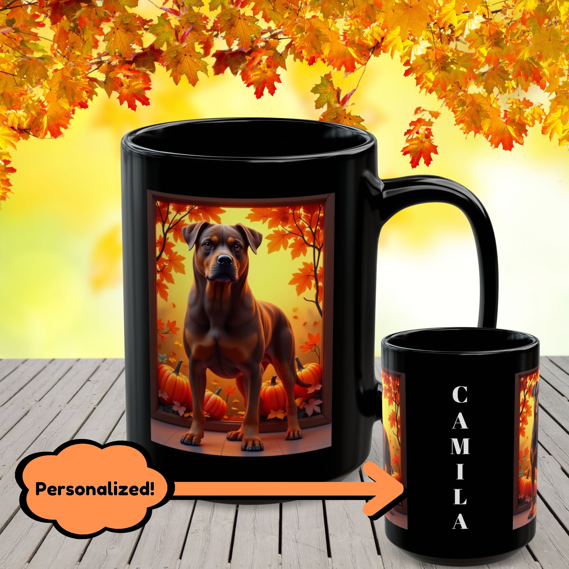Chocolate and tan Rottweiler dog in fall leaves on a custom black mug.