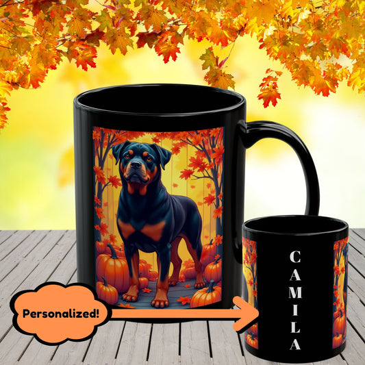Black and mahogany Rottweiler dog in autumn leaves on a custom ceramic coffee mug.