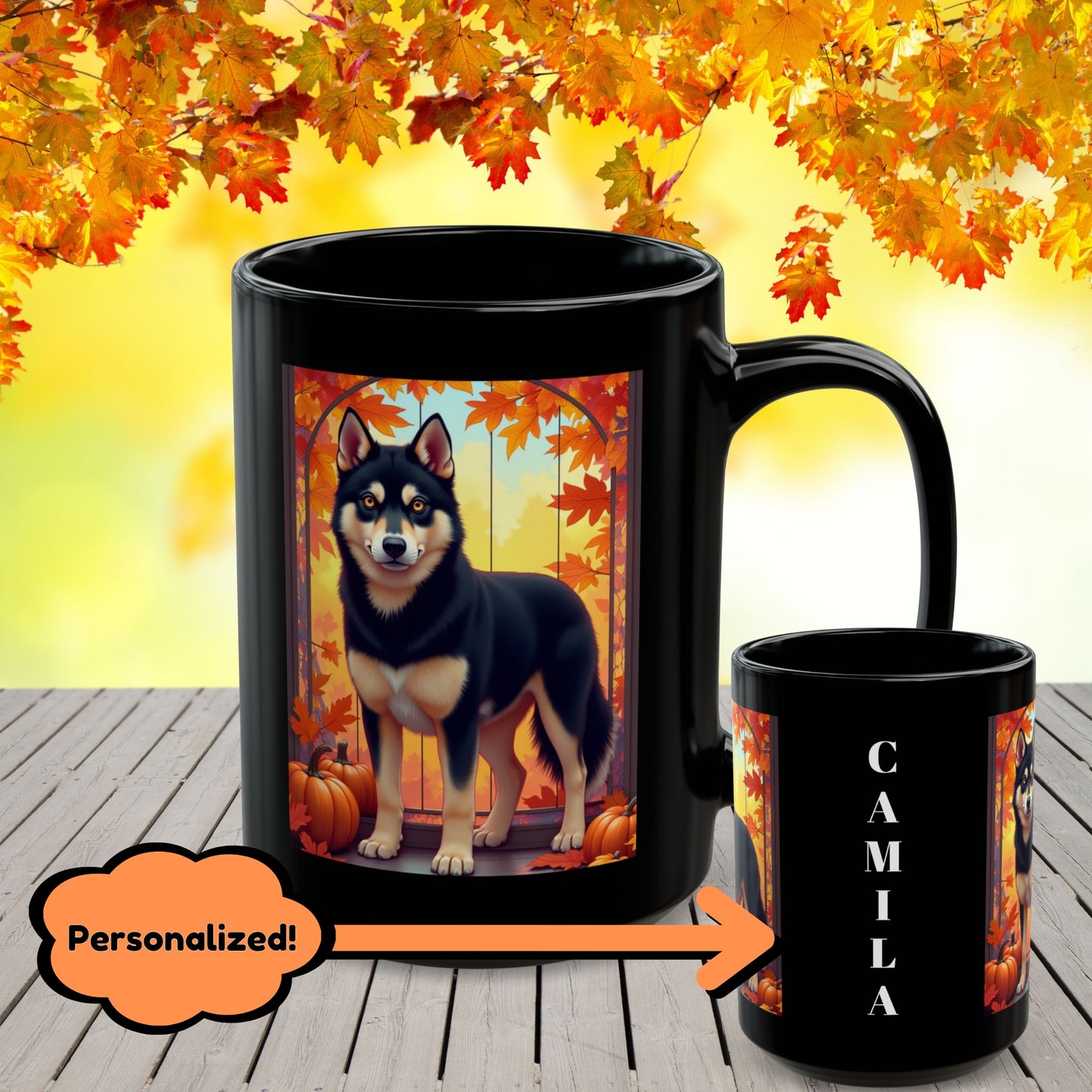 Black & Tan Husky (Amber Eyes) autumn coffee mug, personalized dog lover gift for fall and cozy drinks