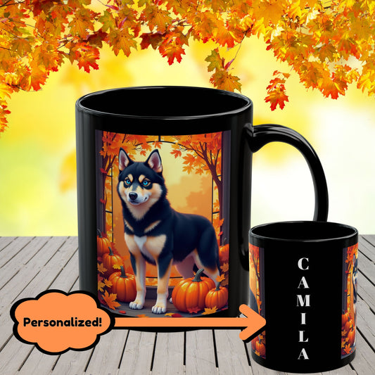 Black & Tan Husky (Blue Eyes) fall coffee mug, custom Husky lover gift for home, office, or seasonal drinks