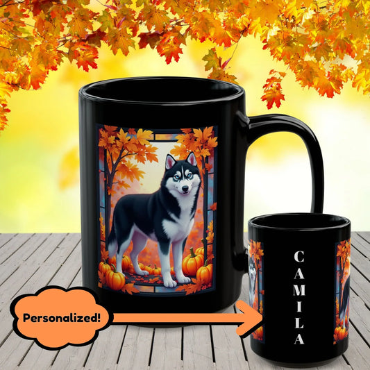 Shop our black and white husky blue eyes autumn black mug featuring the 15oz style option from MySisterIsASurvivor.