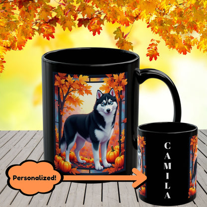 Black & White Husky (Blue Eyes) fall coffee cup, custom gift for Husky parents, dog lovers, or pet enthusiasts