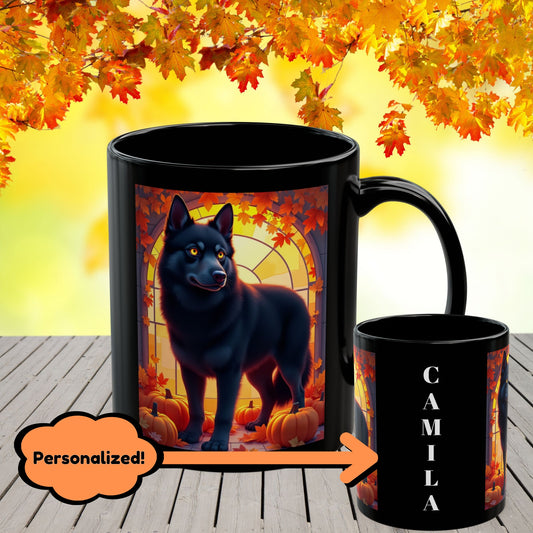 Black Siberian Husky (Amber Eyes) autumn coffee mug, personalized seasonal Husky gift for dog lovers