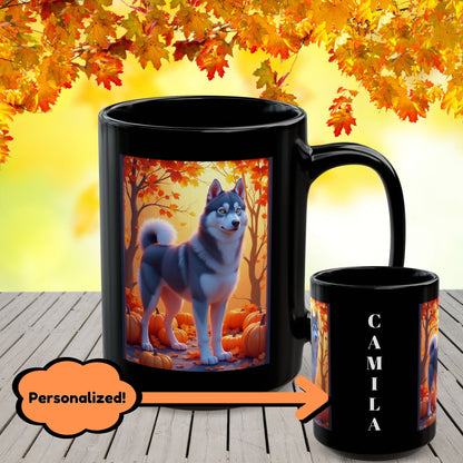 Dark Grey Siberian Husky (Amber Eyes) autumn coffee mug, personalized gift for Husky lovers this fall