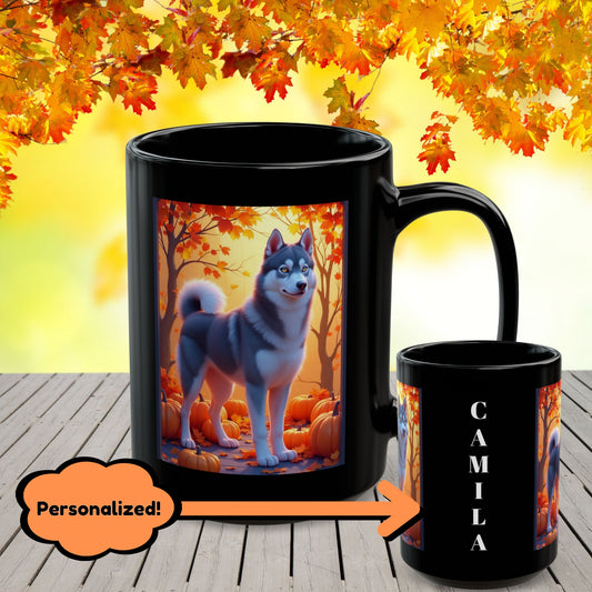 Shop our dark grey siberian husky amber eyes autumn black mug featuring the 15oz style option from MySisterIsASurvivor.