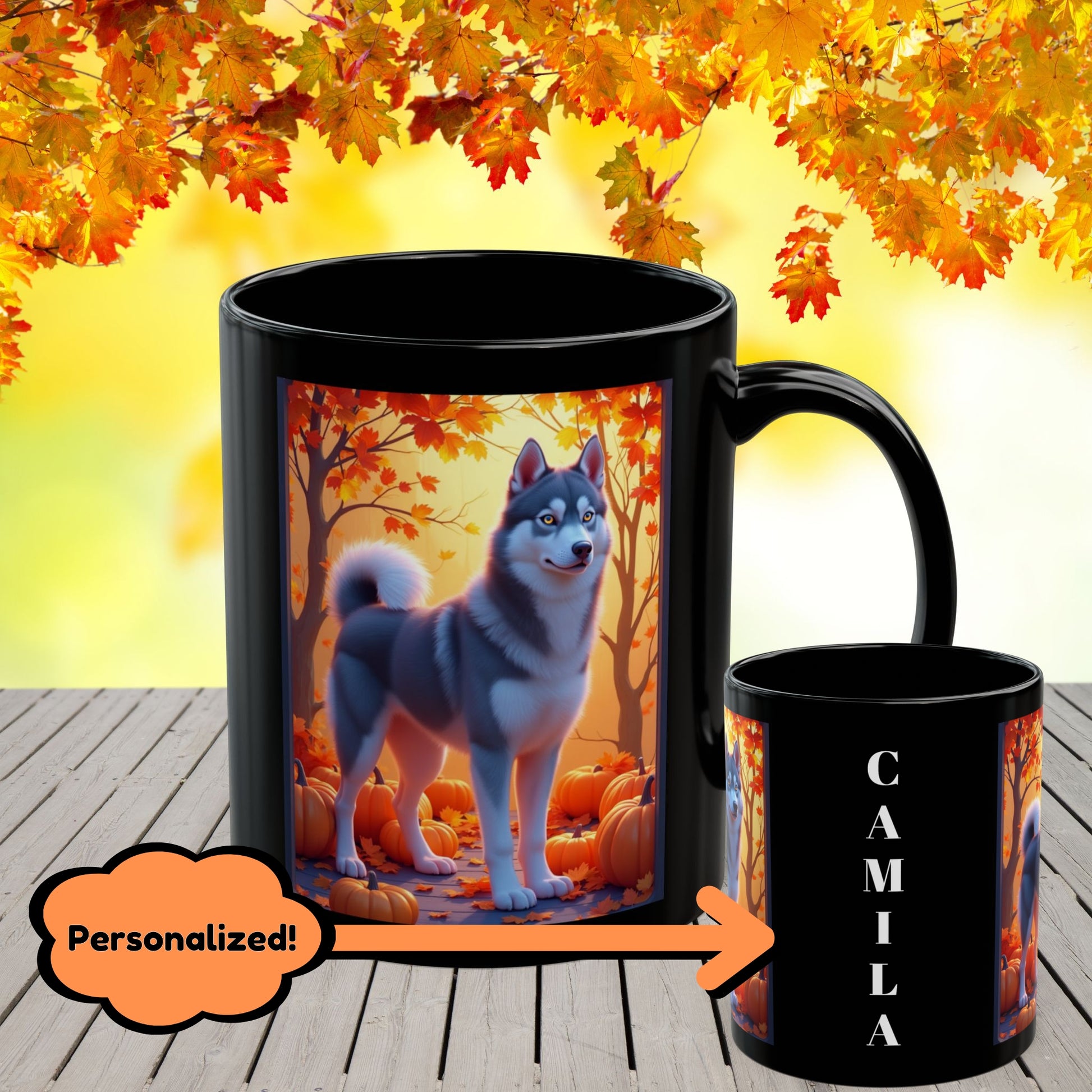 Dark Grey Siberian Husky (Amber Eyes) autumn coffee mug, personalized gift for Husky lovers this fall
