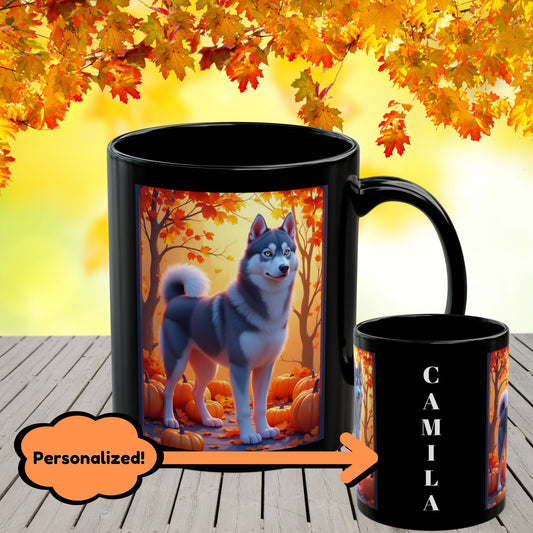 Dark Grey Siberian Husky (Amber Eyes) autumn coffee mug, personalized gift for Husky lovers this fall