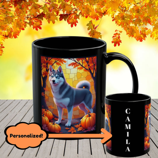 Dark Grey Siberian Husky (Blue Eyes) fall mug, custom dog lover gift for cozy seasonal drinks