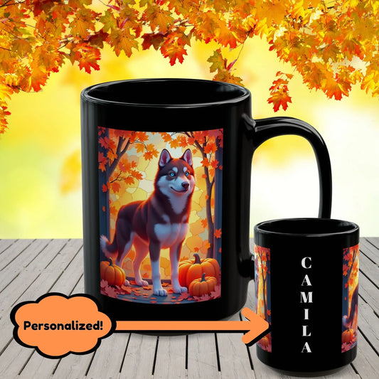 Shop our dark red and white husky blue eyes autumn black mug featuring the 15oz style option from MySisterIsASurvivor.