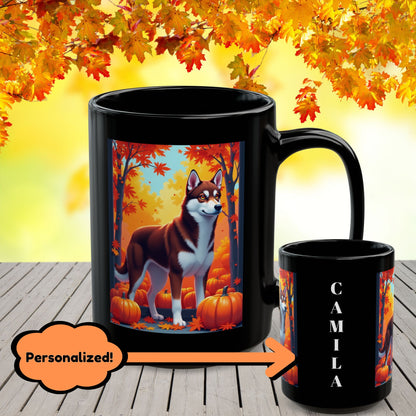Dark Red & White Husky (Amber Eyes) autumn mug, personalized coffee cup for Husky parents and dog lovers