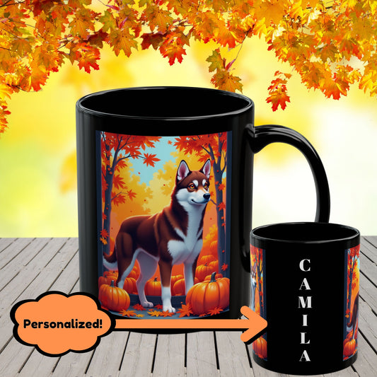 Dark Red & White Husky (Amber Eyes) autumn mug, personalized coffee cup for Husky parents and dog lovers