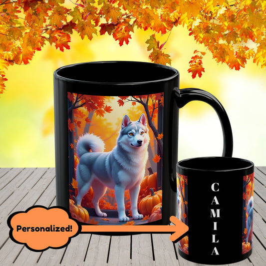 Silver Siberian Husky (Amber Eyes) autumn coffee mug, personalized gift for Husky lovers and dog parents