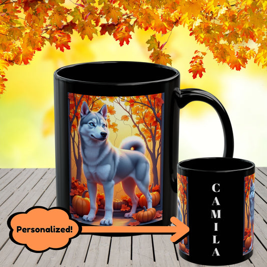 Silver Siberian Husky (Blue Eyes) fall mug, custom coffee cup gift for dog lovers and Husky parents