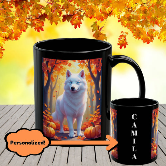 White Siberian Husky autumn coffee mug, personalized fall dog lover gift for coffee or tea enthusiasts