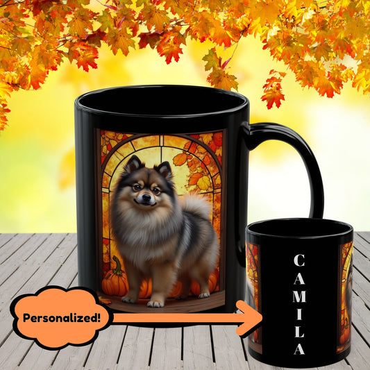 Wolf Sable Pomeranian autumn mug, personalized coffee cup for dog moms, dads, and Pom enthusiasts