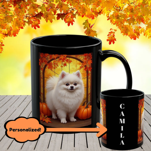 White Pomeranian personalized fall coffee mug, custom dog lover gift for cozy autumn drinks