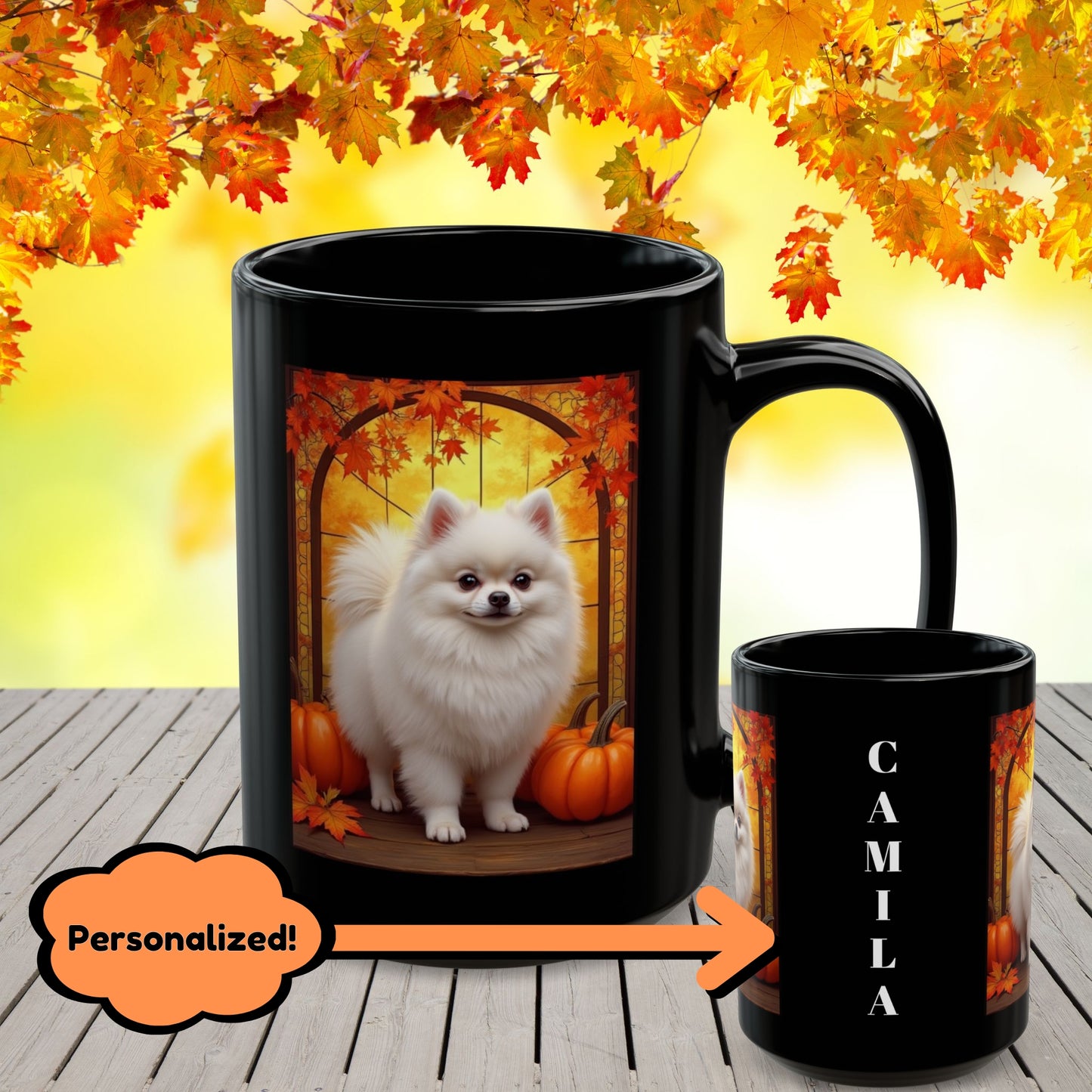 White Pomeranian personalized fall coffee mug, custom dog lover gift for cozy autumn drinks