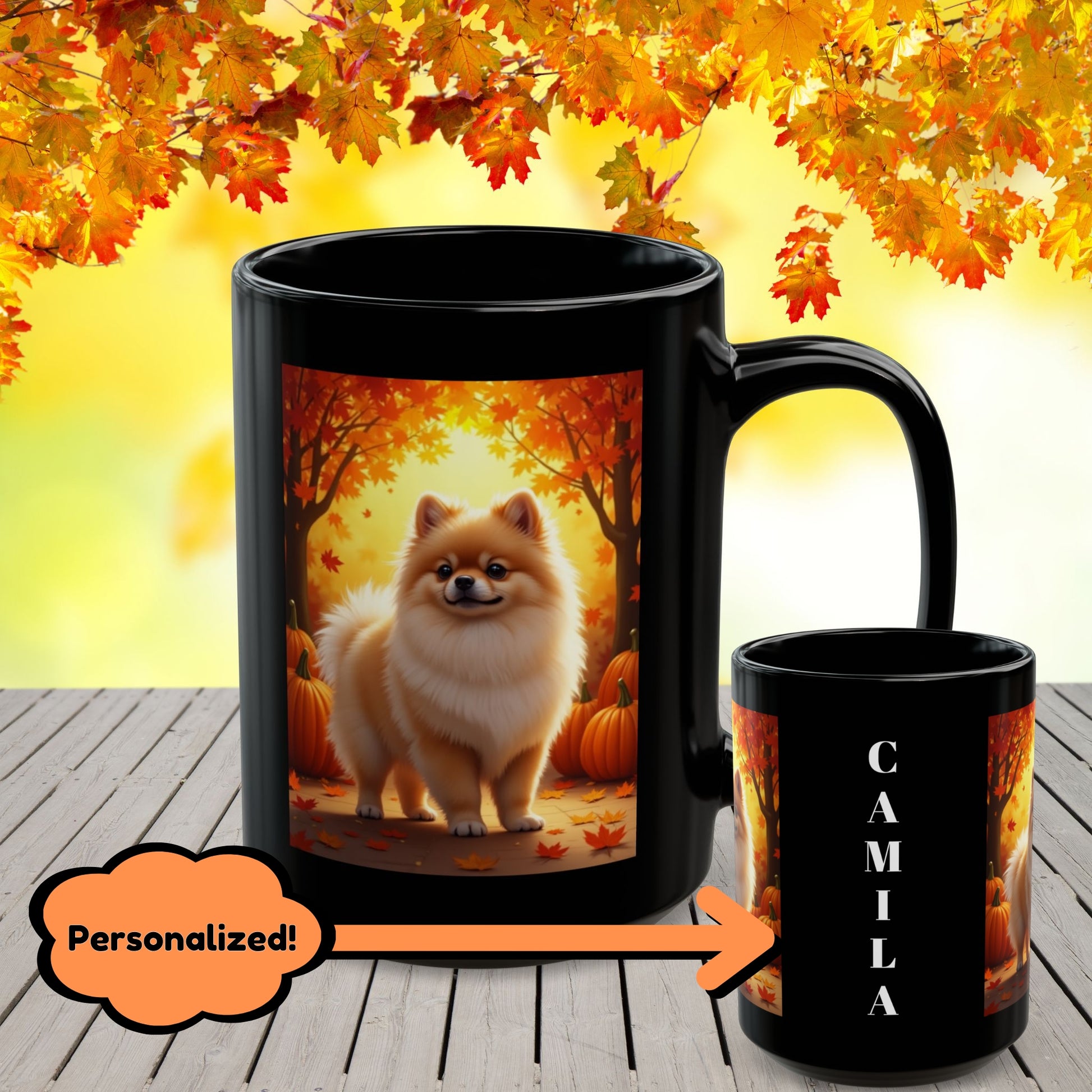 Cream Sable Pomeranian autumn coffee mug, personalized dog parent gift for cozy fall sipping