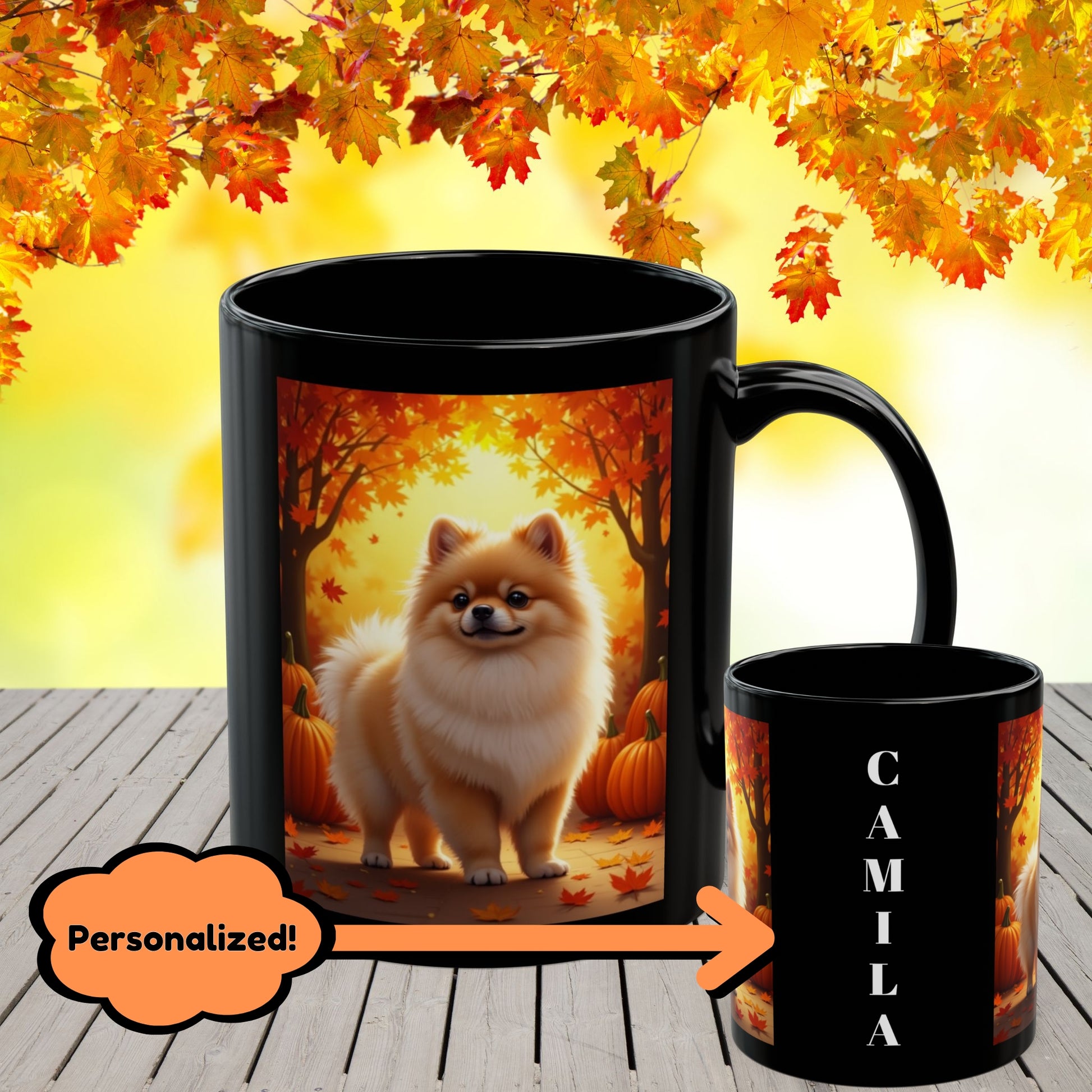 Cream Sable Pomeranian autumn coffee mug, personalized dog parent gift for cozy fall sipping