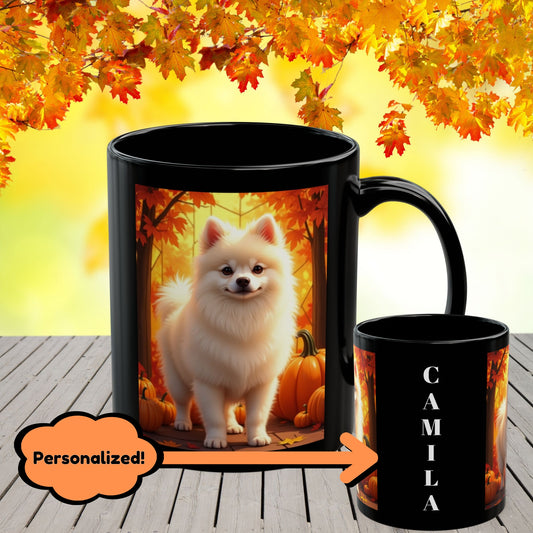 Cream Pomeranian personalized fall mug, custom coffee cup for autumn dog owners and Pom lovers