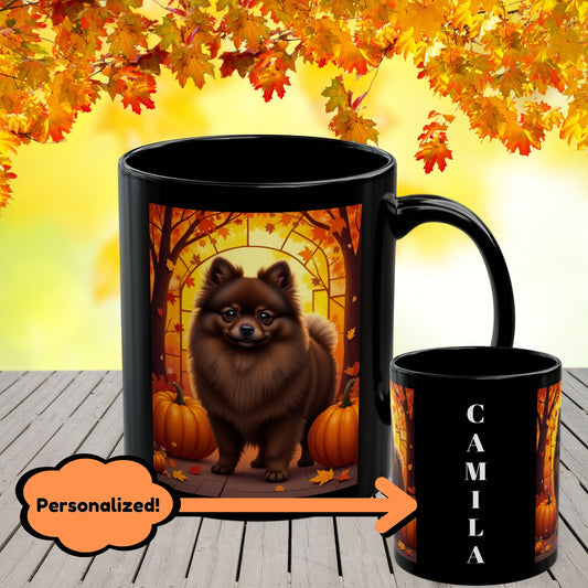 Chocolate Pomeranian autumn coffee mug, custom name dog lover gift for cozy seasonal drinks