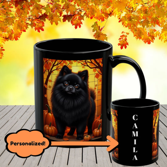 Black Pomeranian autumn mug, custom name coffee cup for dog moms, dads, and Pom enthusiasts