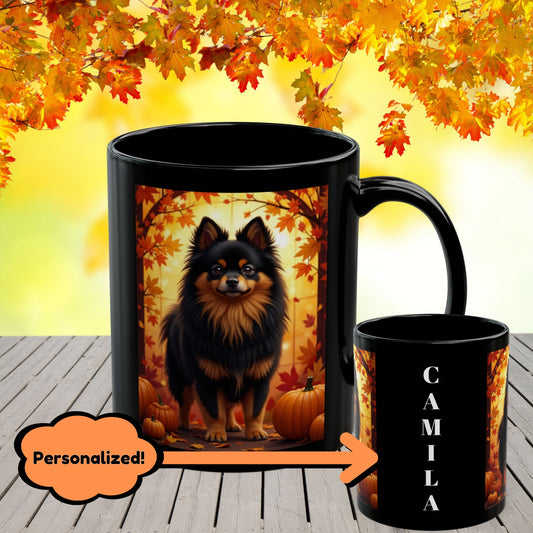 Black & Tan Pomeranian autumn coffee mug, personalized dog lover gift for cozy fall sipping
