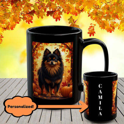 Black & Tan Pomeranian autumn coffee mug, personalized dog lover gift for cozy fall sipping